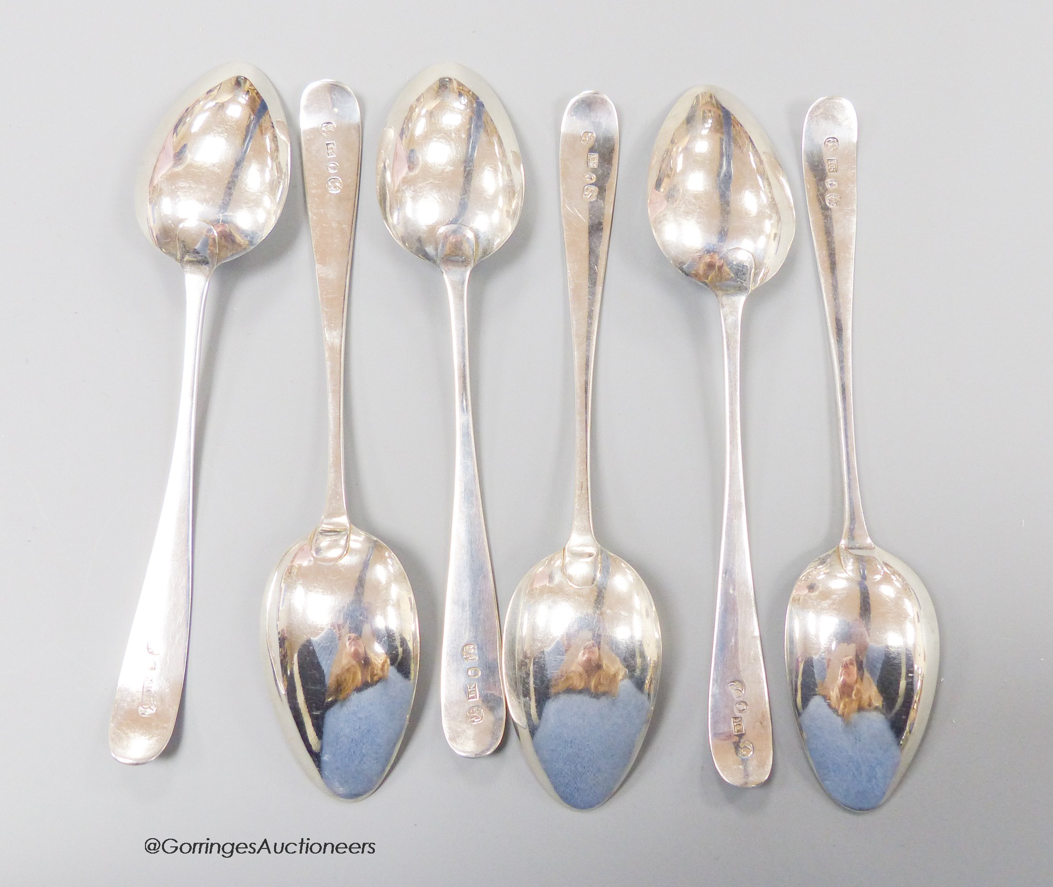 A rare set of six early 19th century Scottish provincial silver Old English pattern dessert spoons, John Keith, Banff, circa 1800, 17.5cm, 167 grams.